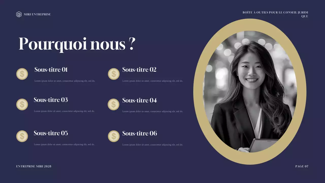 Présentation de la boîte à outils de consultation juridique moderne marine et or