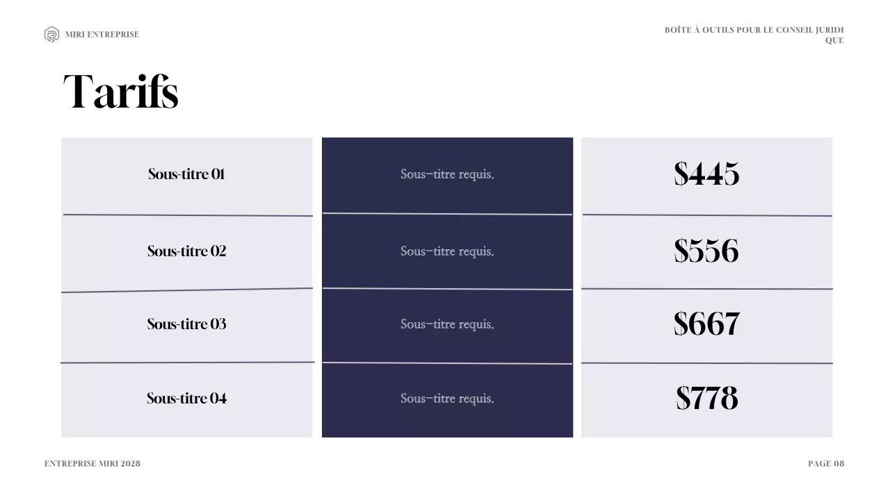 Présentation de la boîte à outils de consultation juridique moderne marine et or