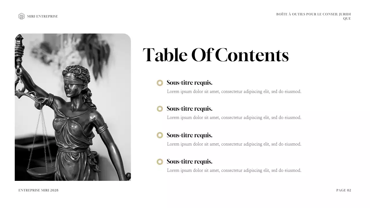 Présentation de la boîte à outils de consultation juridique moderne marine et or