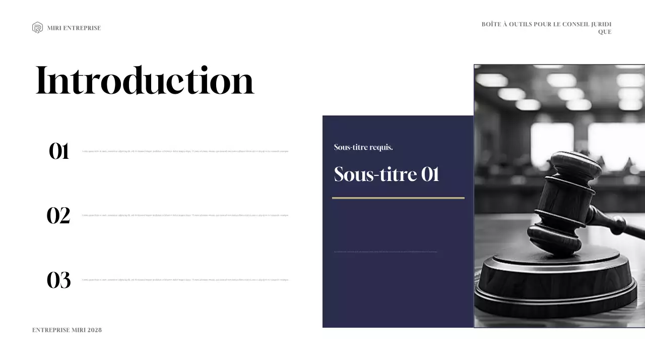 Présentation de la boîte à outils de consultation juridique moderne marine et or