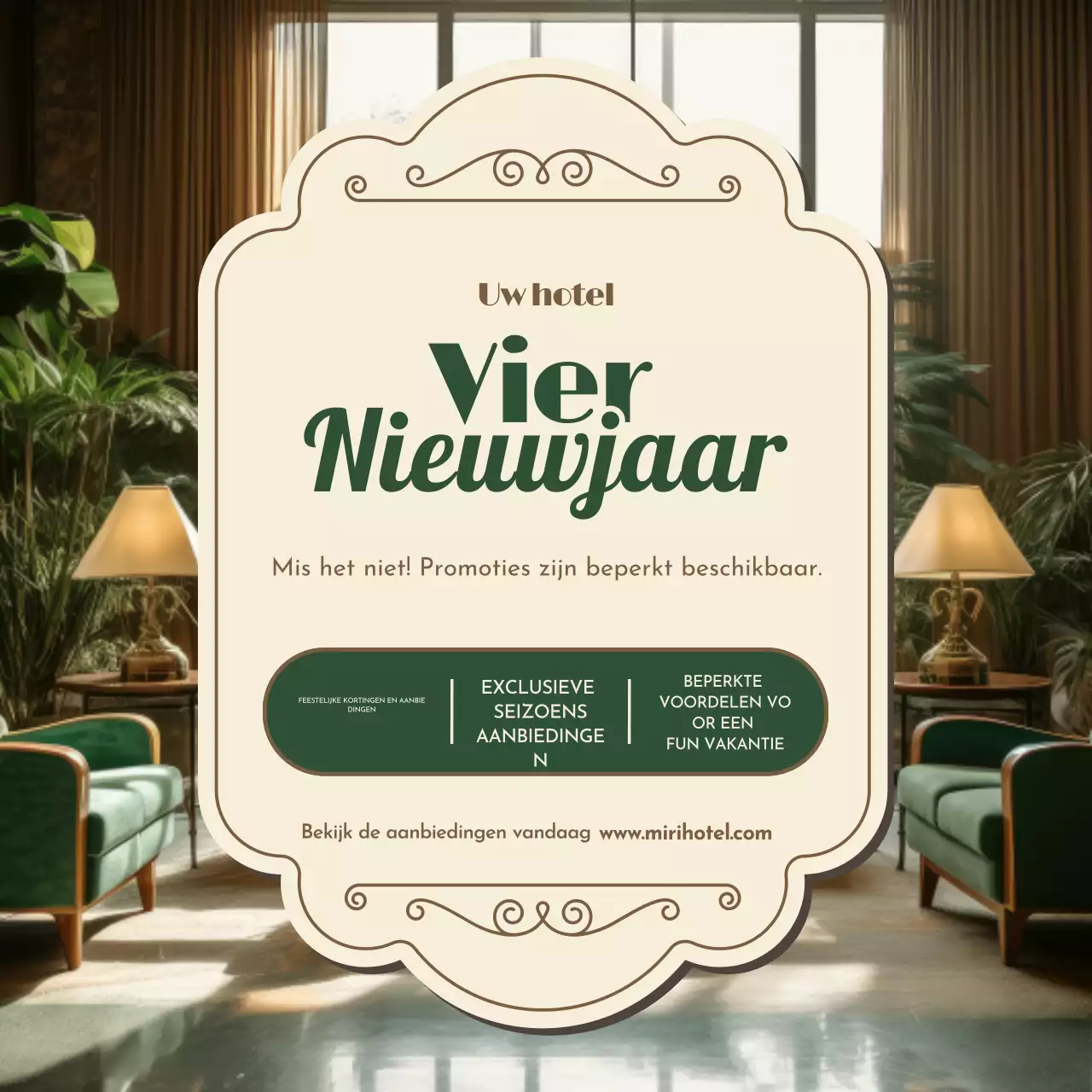 Groen en Beige Hotel Nieuwjaar Promotie Social Media