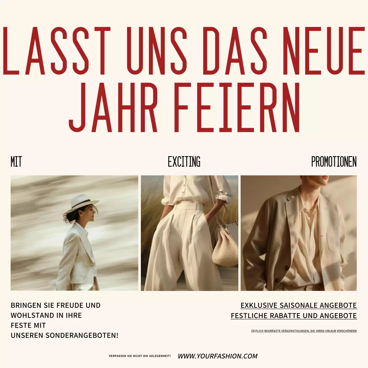 Creme und rote Mode Neujahrsaktion Soziale Medien