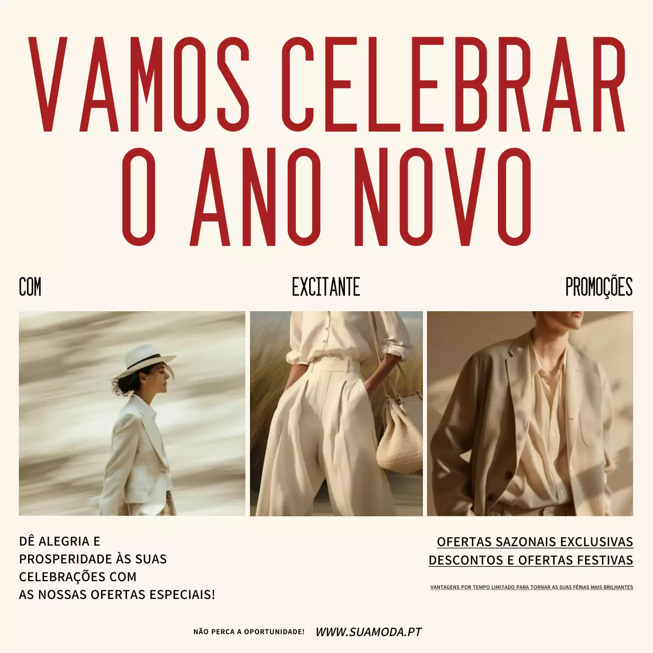 Creme e vermelho Moda Ano Novo Promoção Redes sociais