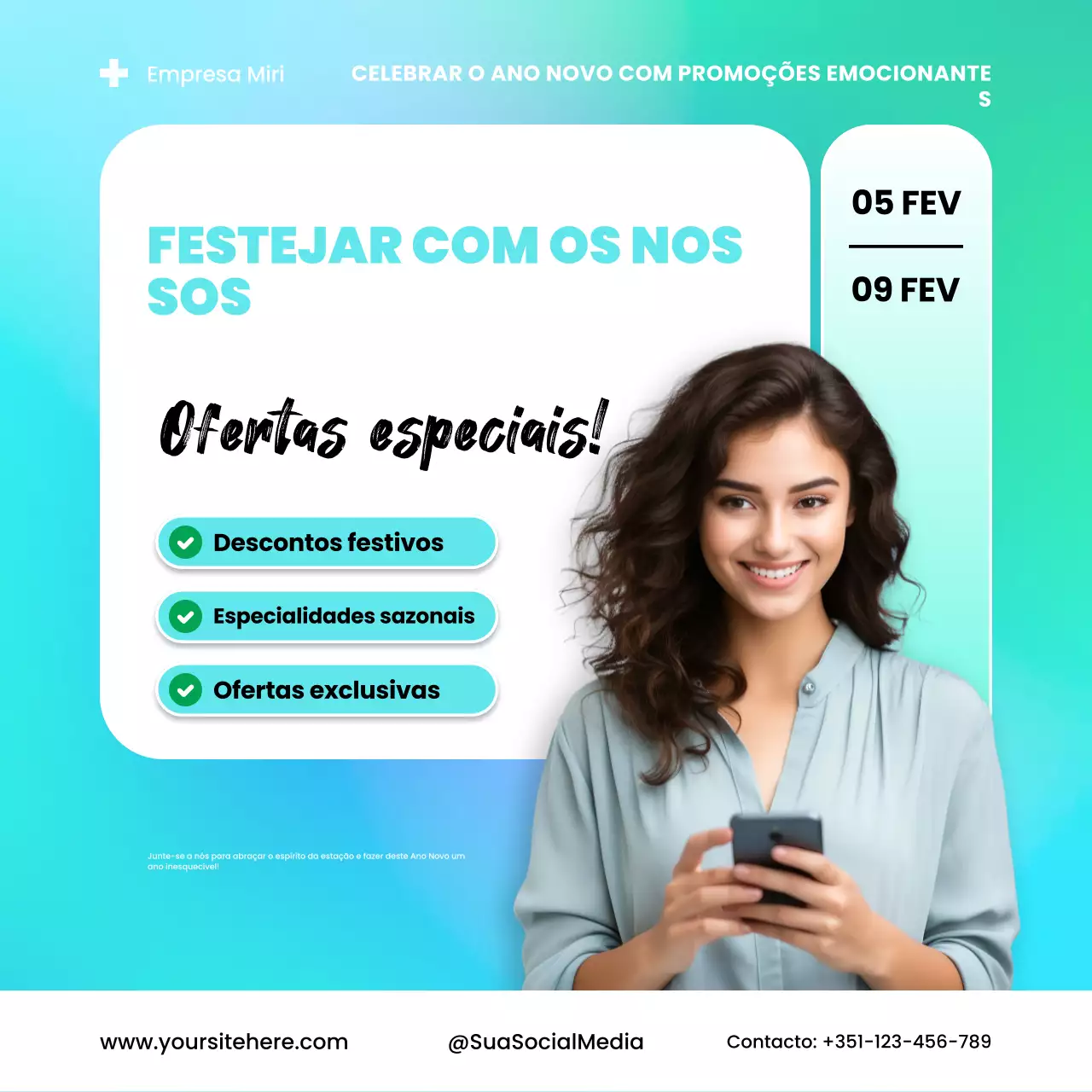 Promoção de Ano Novo azul e branco Quadrado para redes sociais