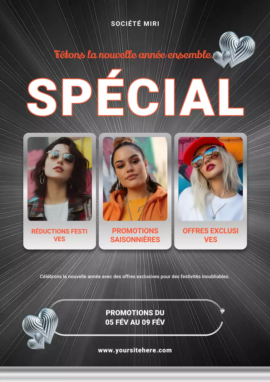 Affiche promotionnelle du Nouvel An en noir et argent