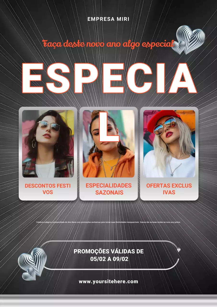 Cartaz de promoção de Ano Novo preto e prateado