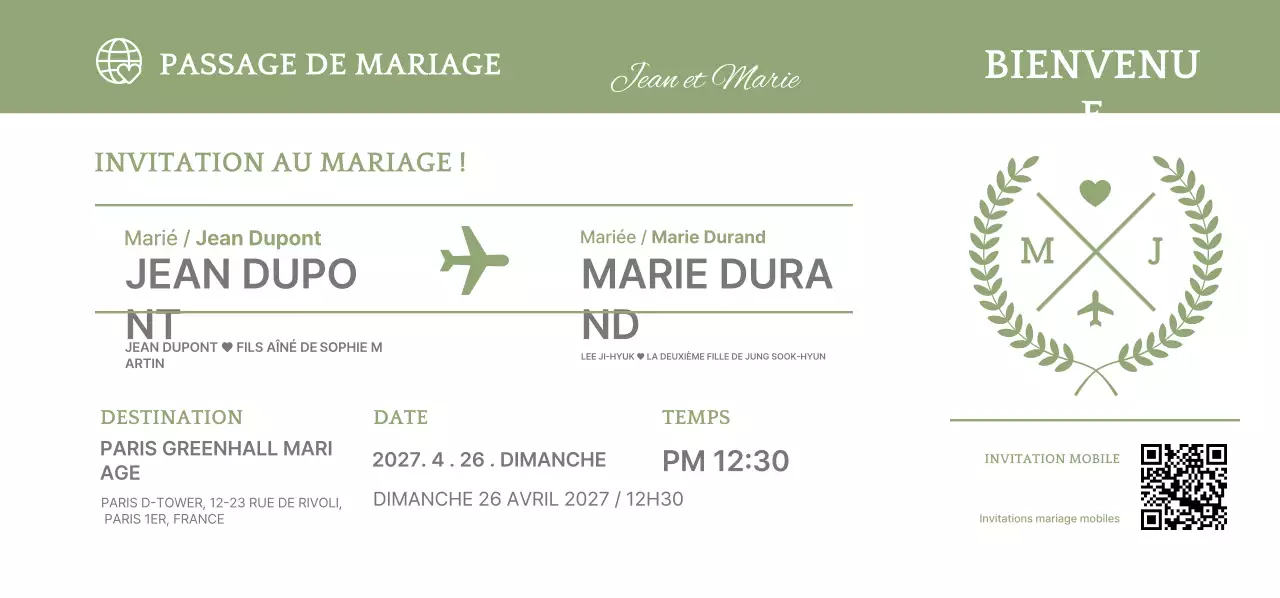 Invitation de mariage avec motif de billet d'avion