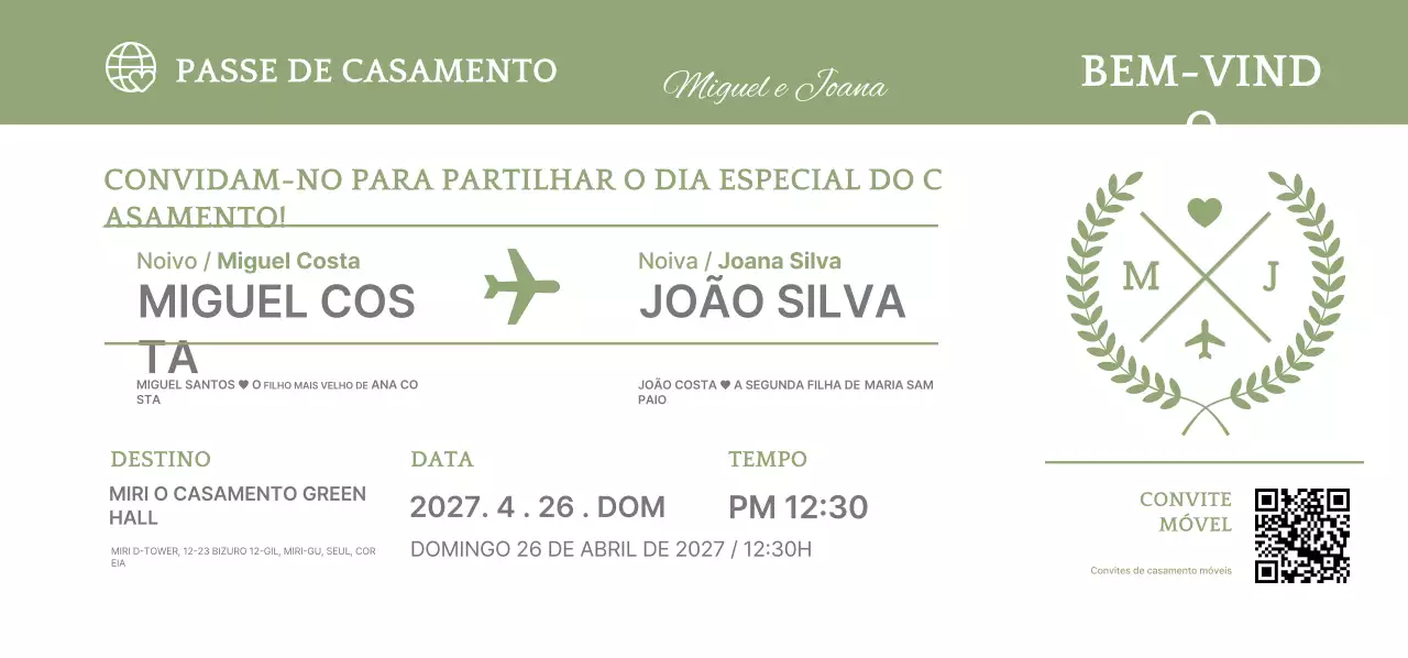 Convite de casamento com motivo de bilhete de avião