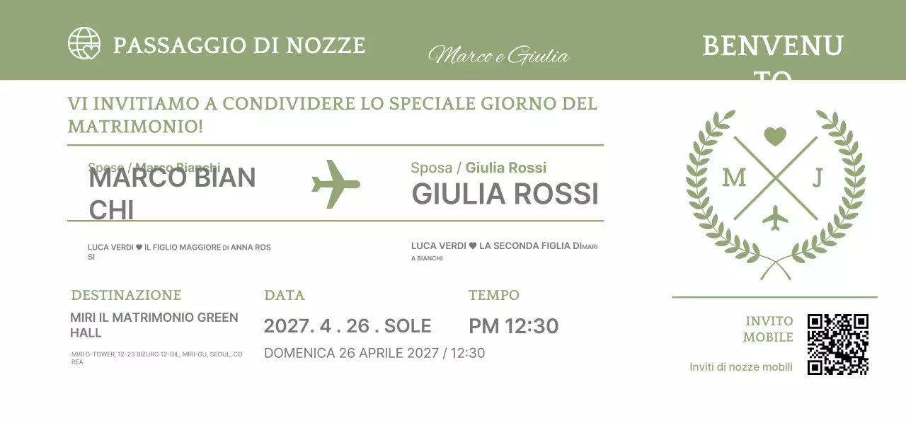 Invito di nozze con motivo biglietto aereo