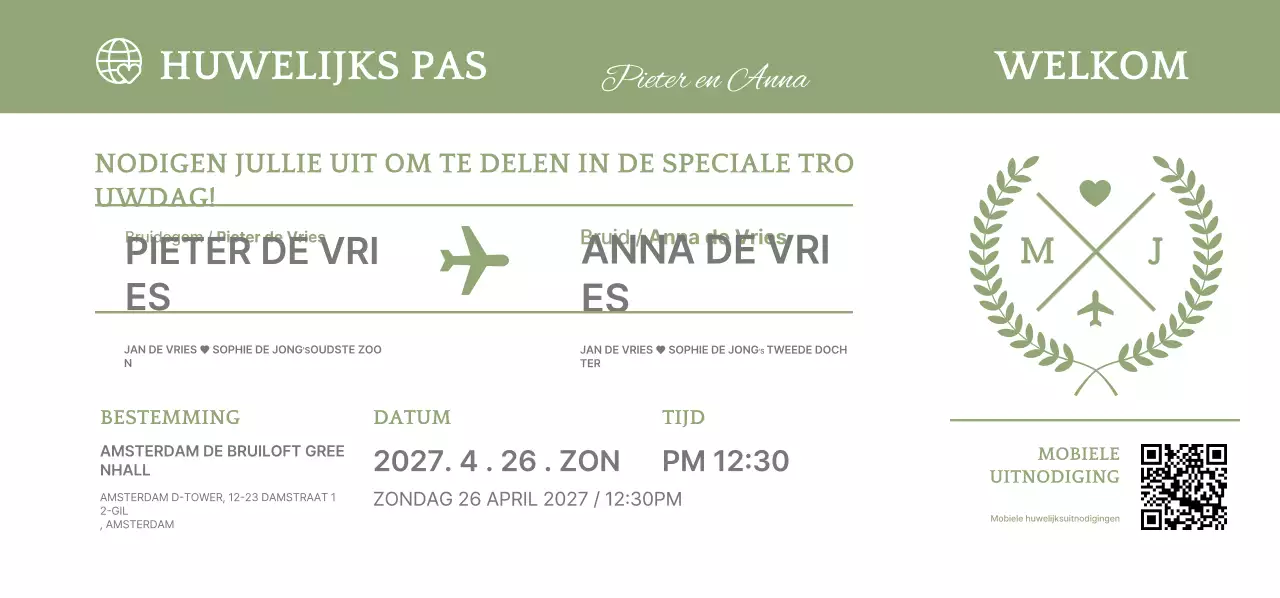 Vliegtuigticket motief huwelijksuitnodiging