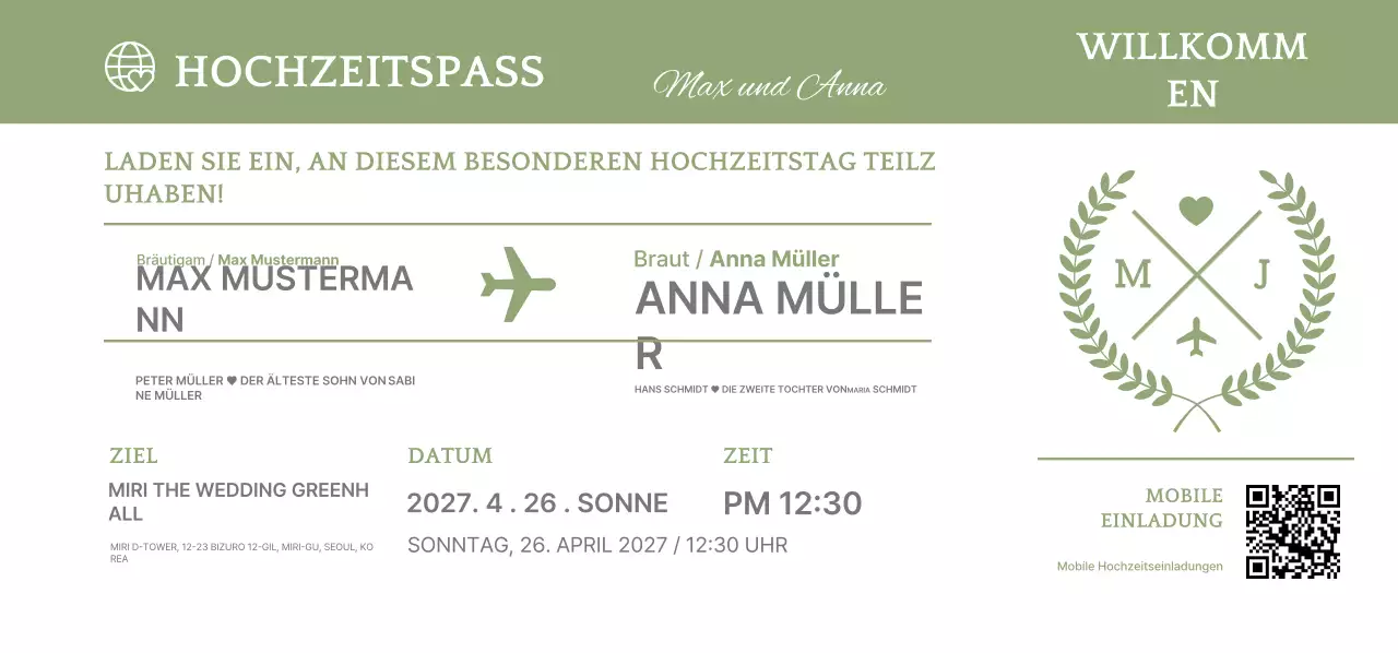 Hochzeitseinladung mit Flugticket-Motiv
