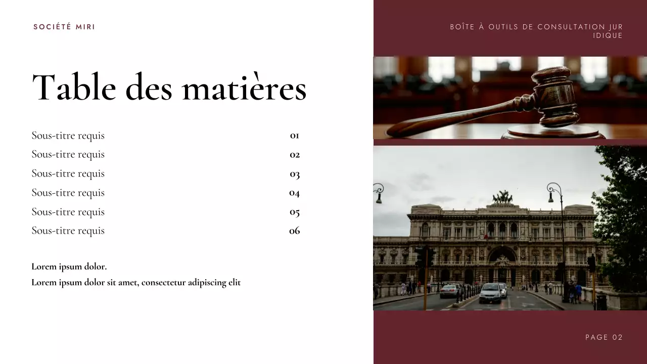 Présentation de la boîte à outils de conseil juridique de Maroon Professional