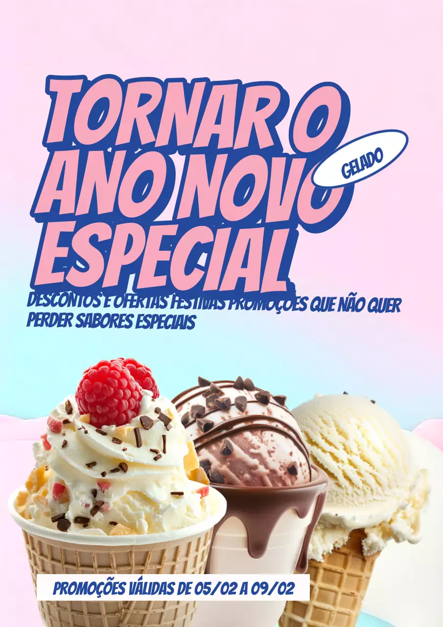 Cartaz de promoção de Ano Novo da Pink and Cream Ice Cream