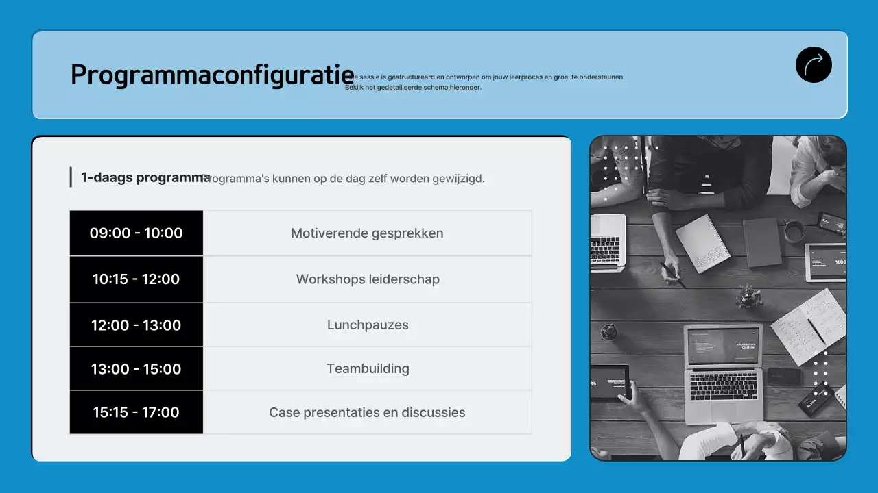 Voorstel voor een moderne interne trainingswerkplaats in blauw