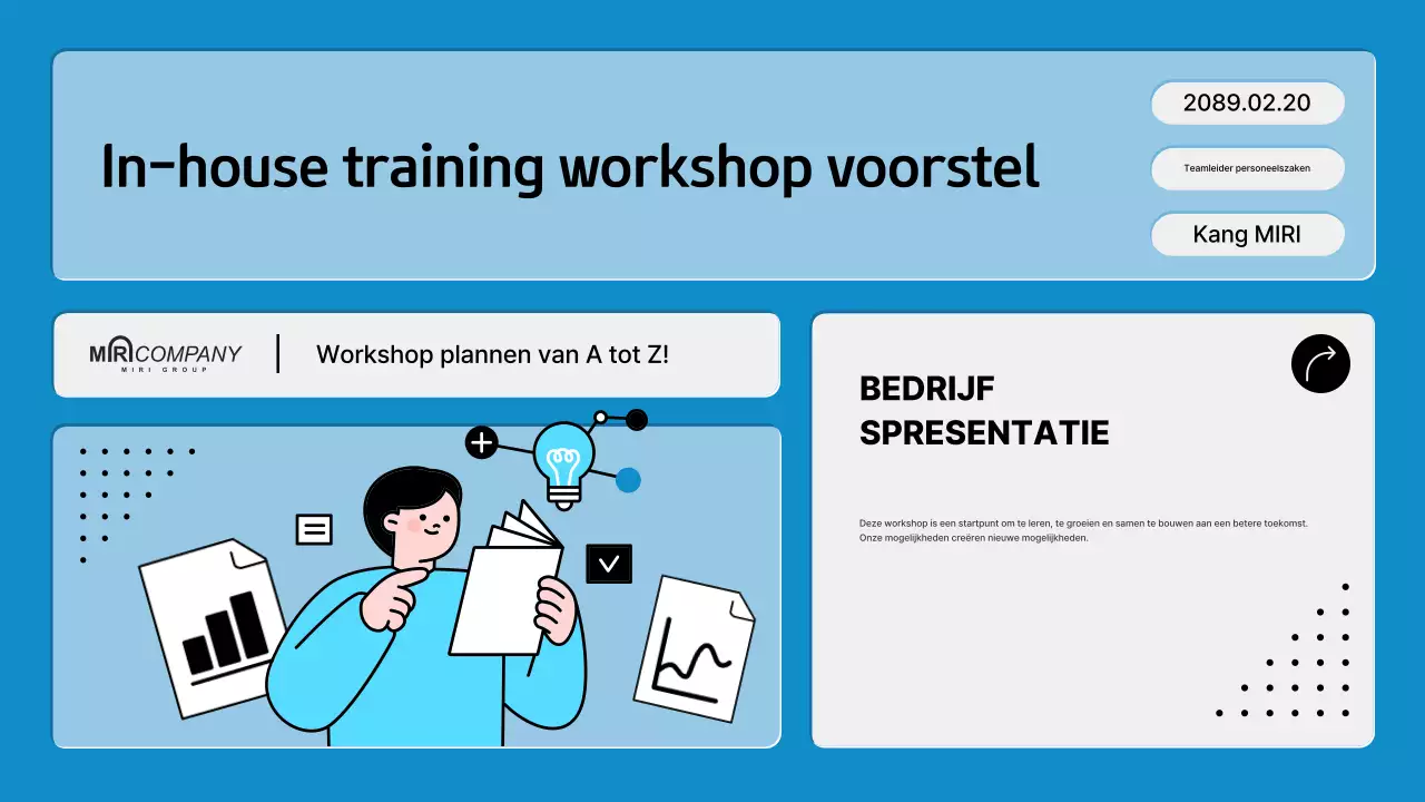 Voorstel voor een moderne interne trainingswerkplaats in blauw