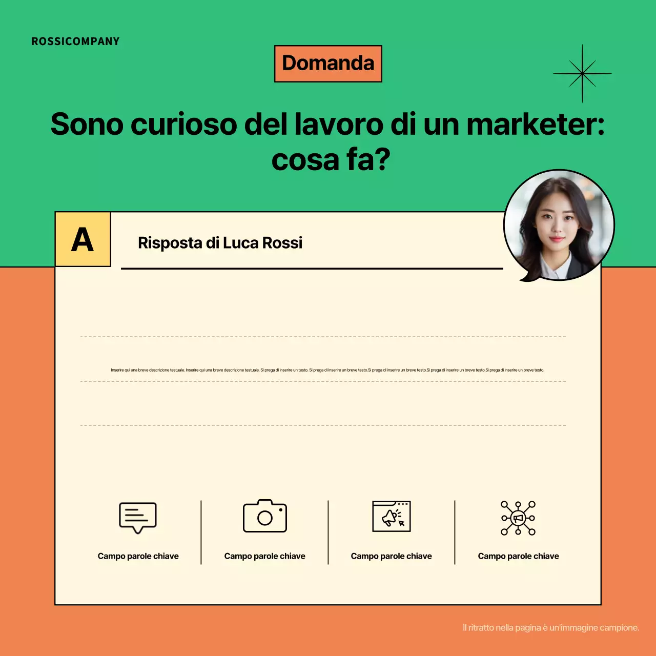 Pubblicità arancione per la formazione sul luogo di lavoro moderno