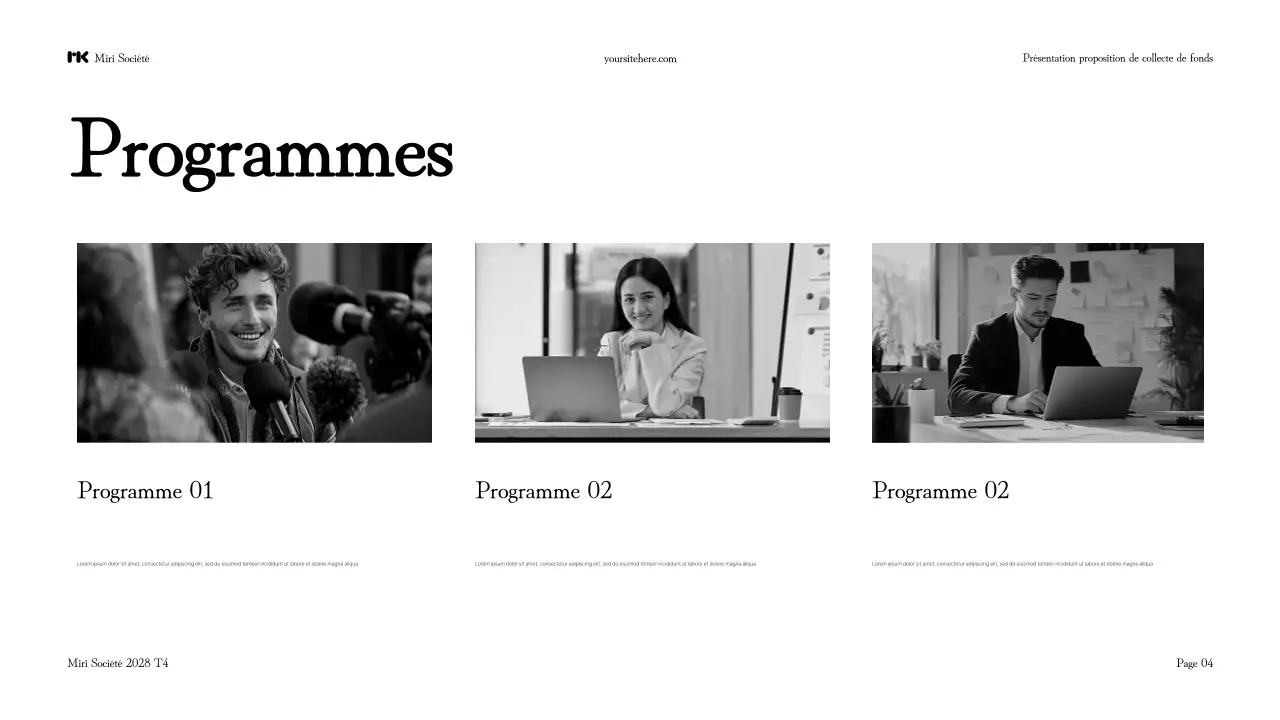 Présentation de la proposition de collecte de fonds moderne en noir et blanc