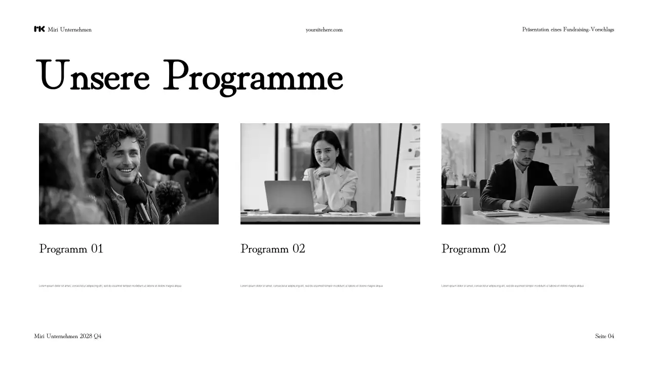 Schwarz-Weiß-Präsentation eines modernen Fundraising-Vorschlags