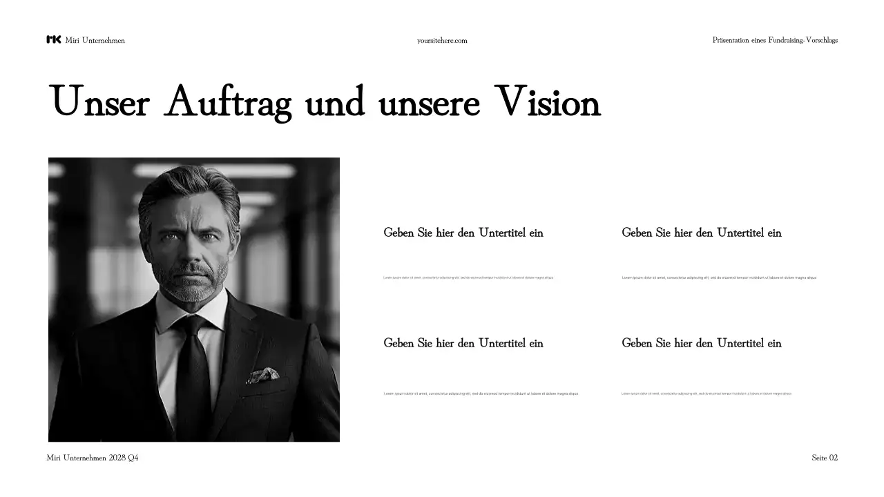 Schwarz-Weiß-Präsentation eines modernen Fundraising-Vorschlags