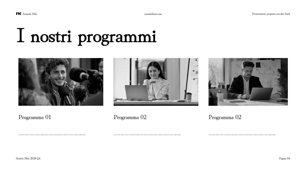 Presentazione di una moderna proposta di raccolta fondi in bianco e nero