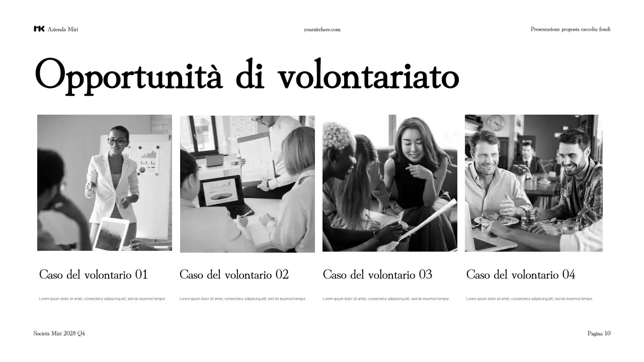 Presentazione di una moderna proposta di raccolta fondi in bianco e nero