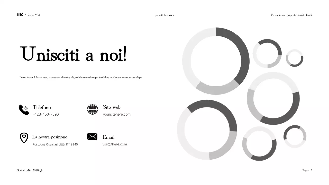 Presentazione di una moderna proposta di raccolta fondi in bianco e nero