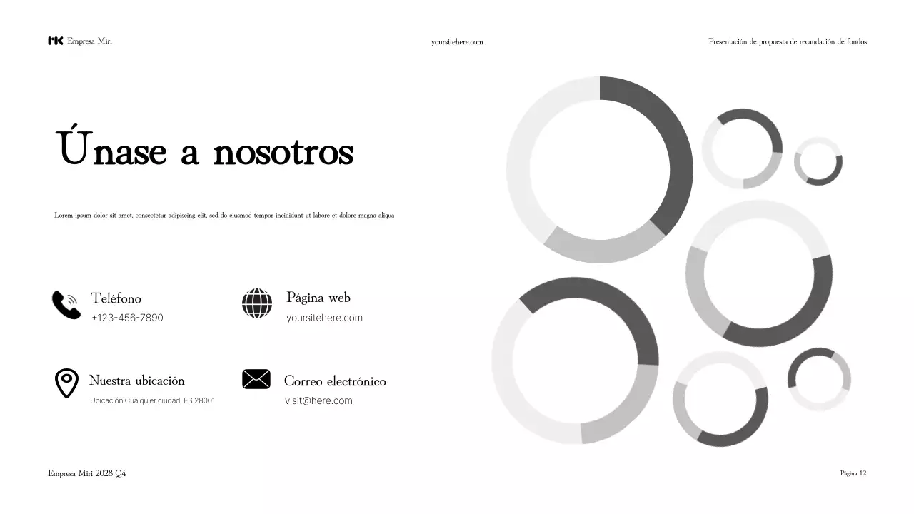 Presentación en blanco y negro de una propuesta moderna para recaudar fondos