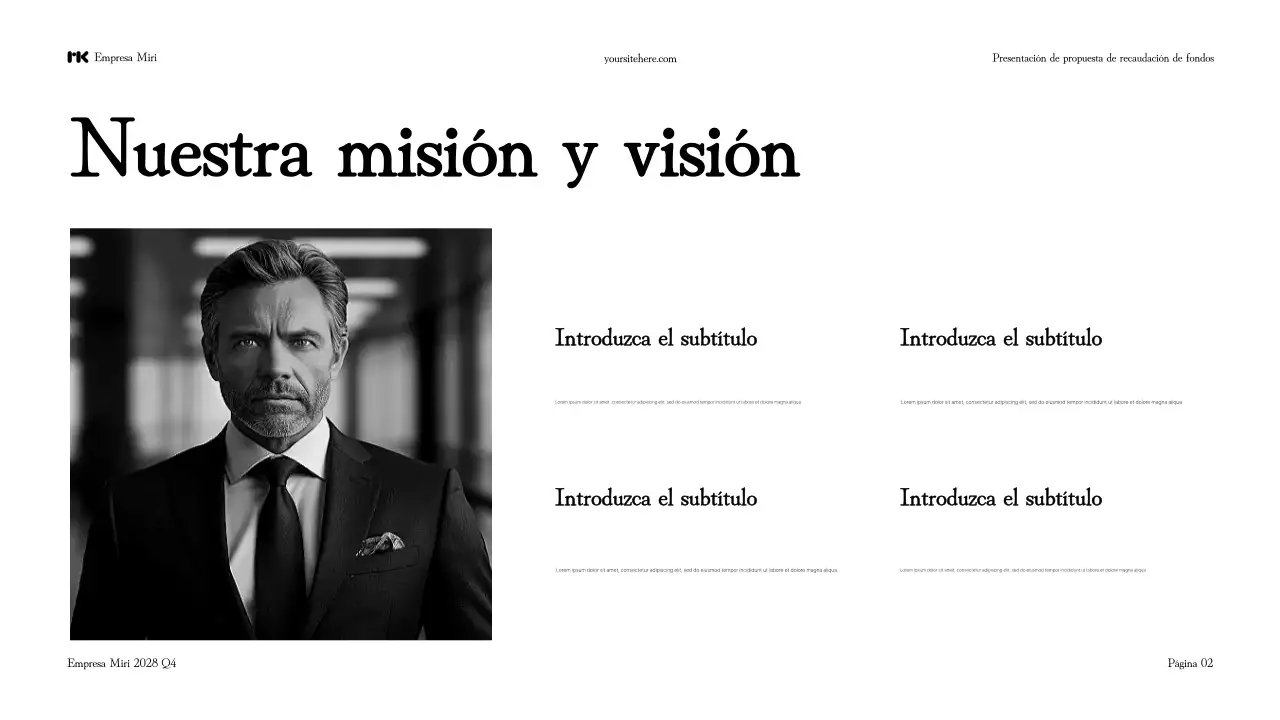 Presentación en blanco y negro de una propuesta moderna para recaudar fondos