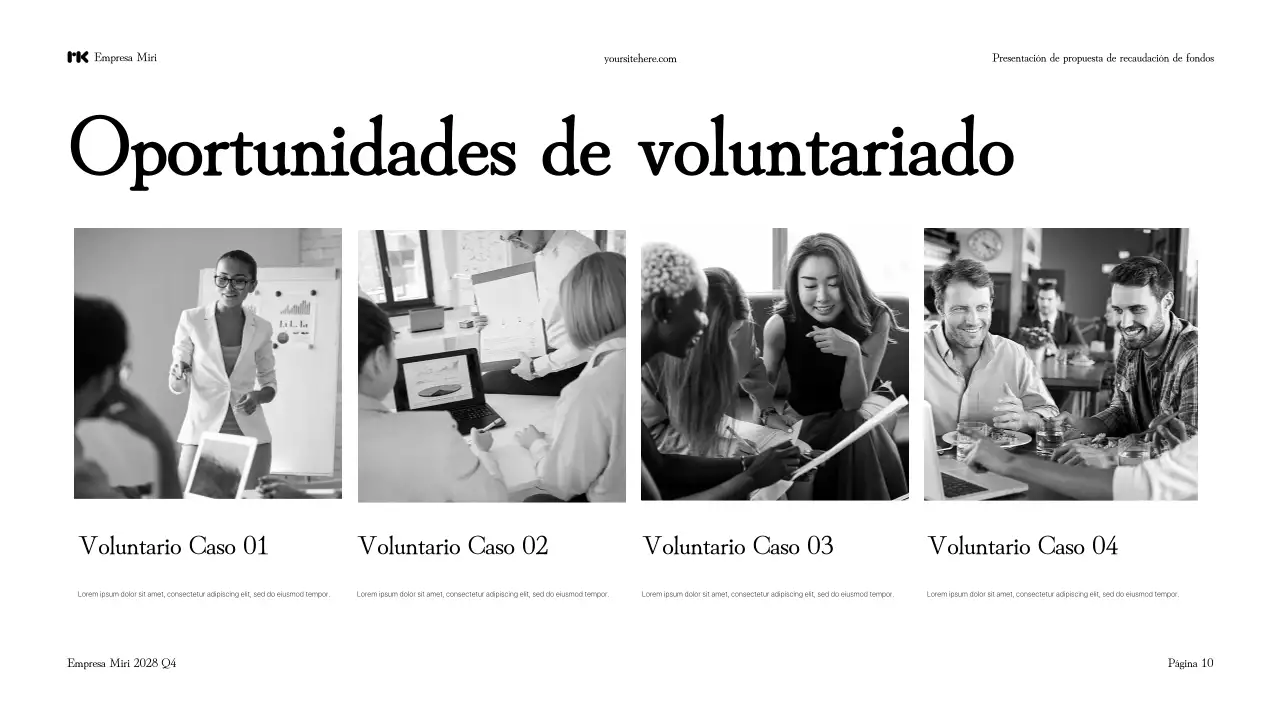 Presentación en blanco y negro de una propuesta moderna para recaudar fondos