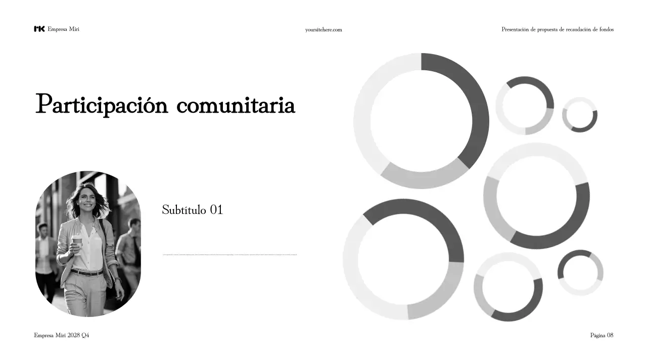 Presentación en blanco y negro de una propuesta moderna para recaudar fondos