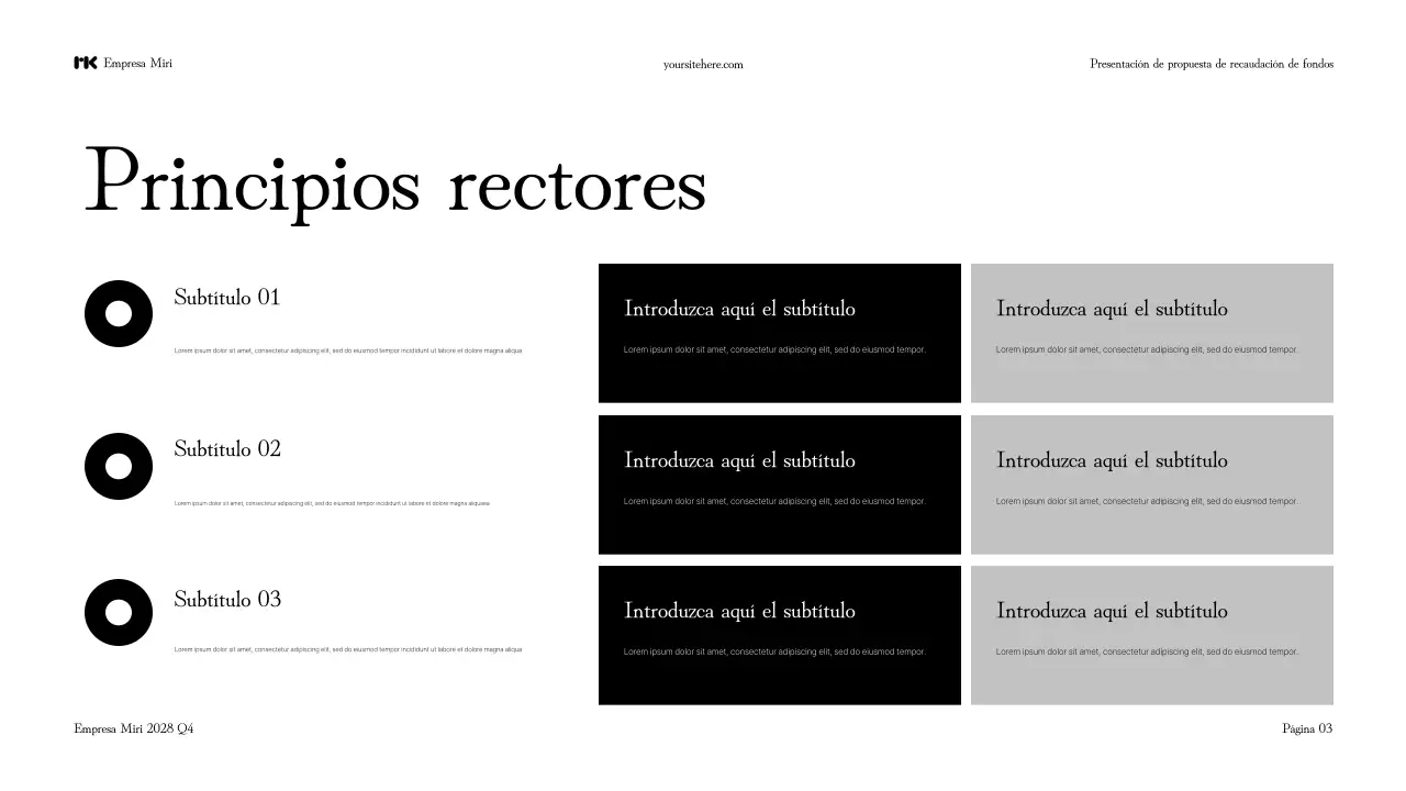 Presentación en blanco y negro de una propuesta moderna para recaudar fondos