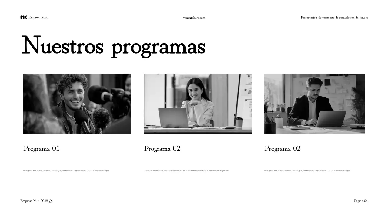 Presentación en blanco y negro de una propuesta moderna para recaudar fondos