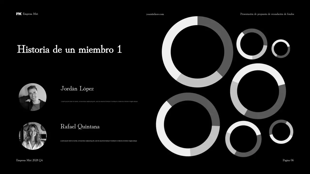 Presentación en blanco y negro de una propuesta moderna para recaudar fondos