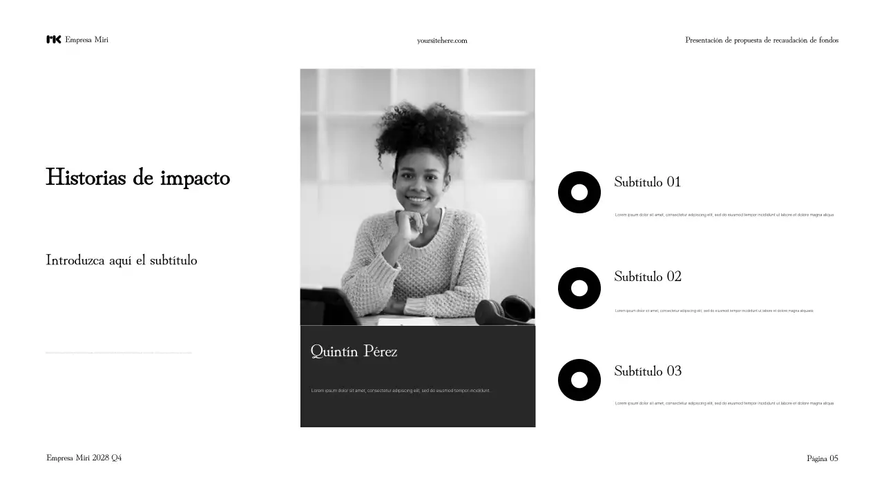 Presentación en blanco y negro de una propuesta moderna para recaudar fondos