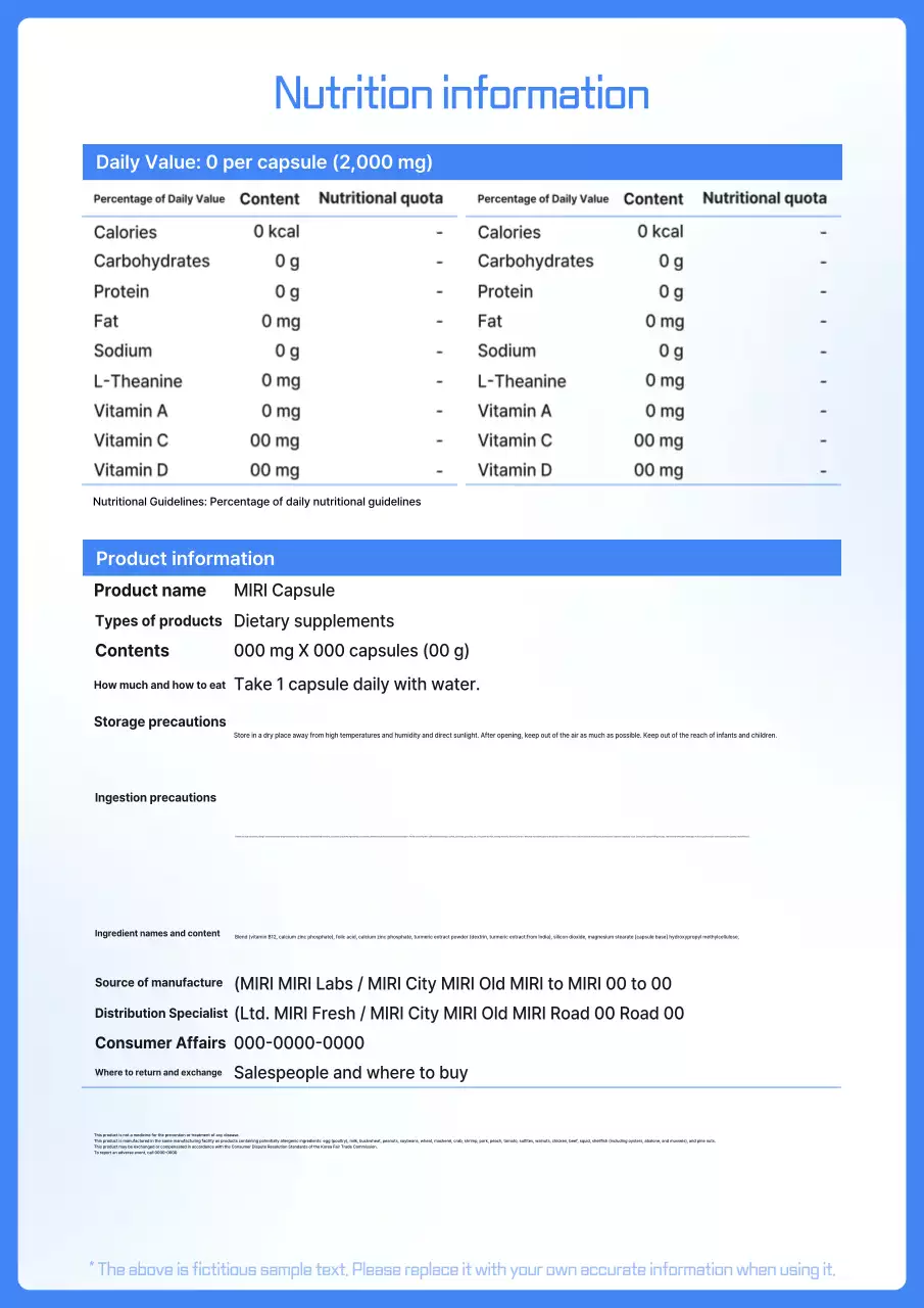 Hướng dẫn thông tin dinh dưỡng Blue Neat