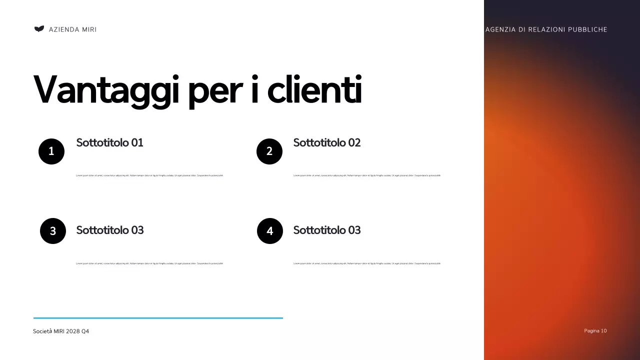 Presentazione dell'agenzia di relazioni pubbliche moderna in nero e arancione