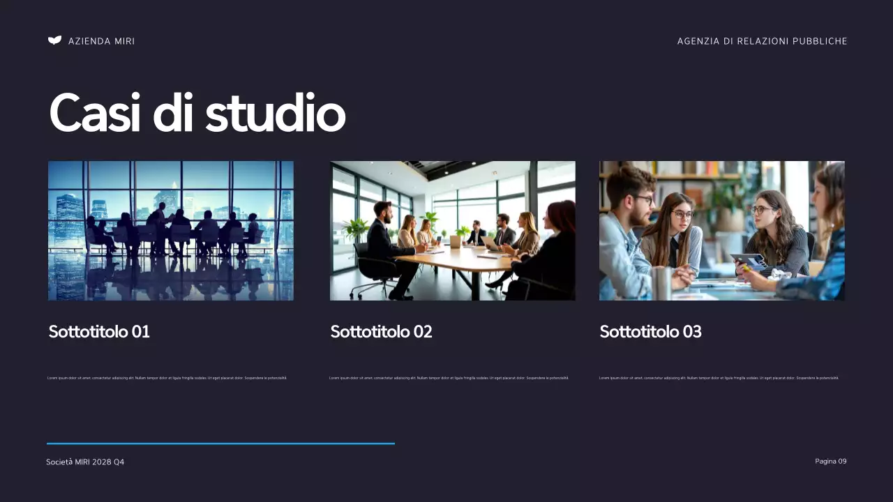 Presentazione dell'agenzia di relazioni pubbliche moderna in nero e arancione