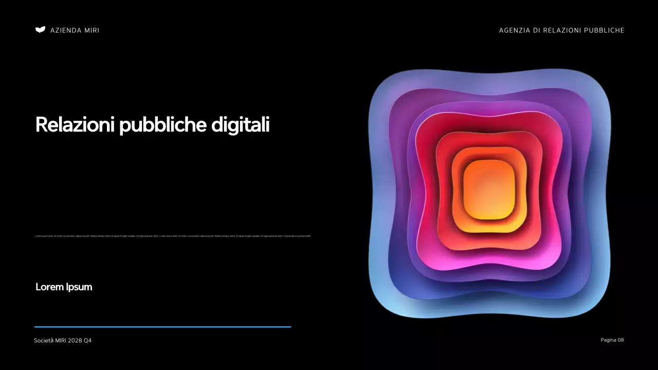 Presentazione dell'agenzia di relazioni pubbliche moderna in nero e arancione