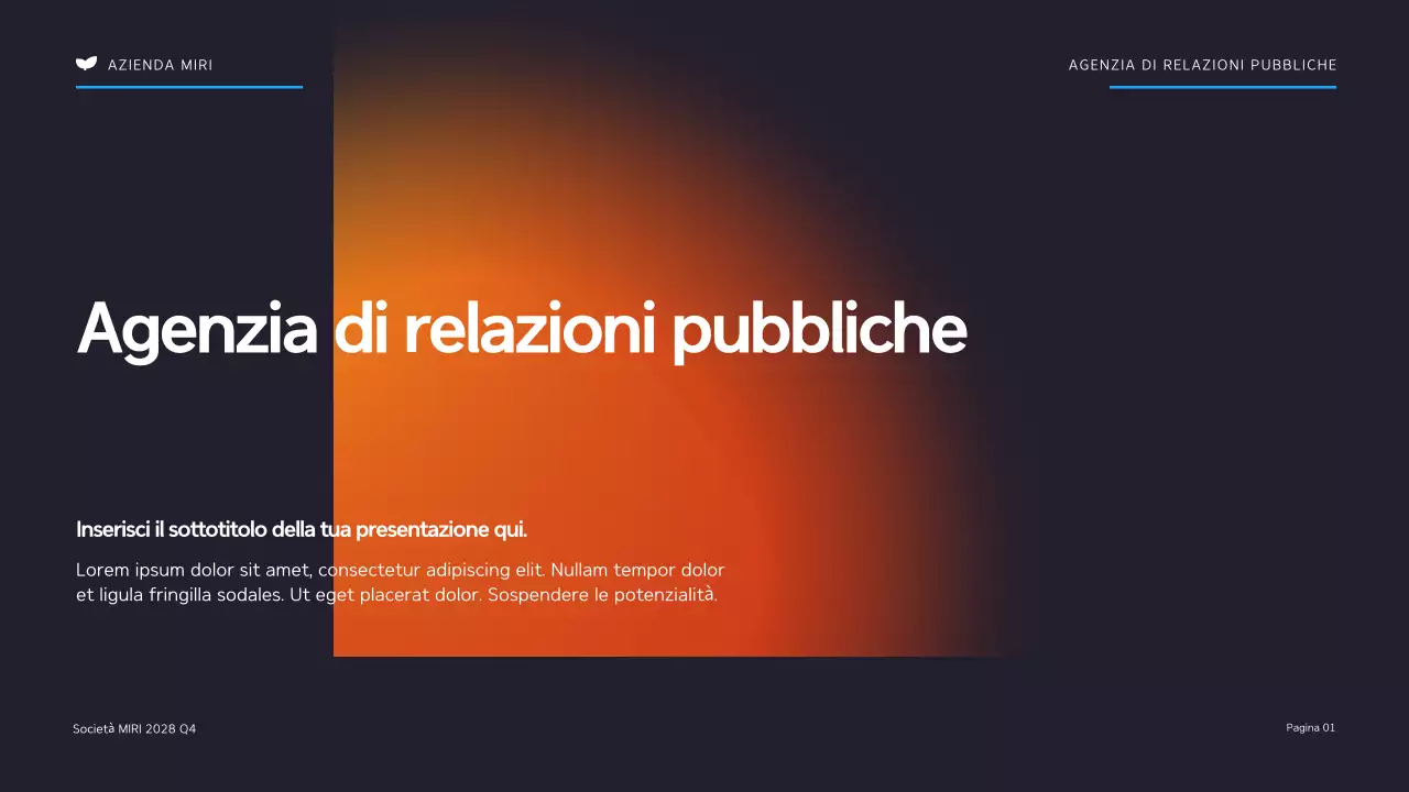 Presentazione dell'agenzia di relazioni pubbliche moderna in nero e arancione