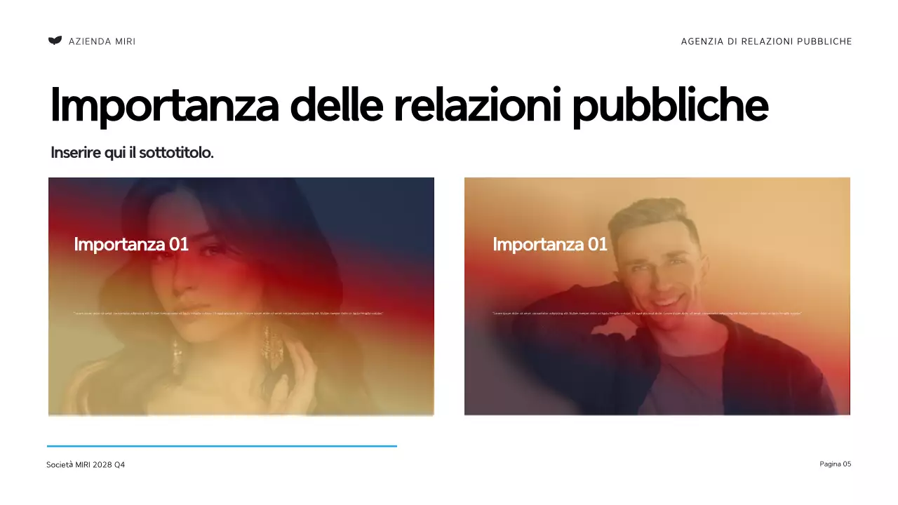 Presentazione dell'agenzia di relazioni pubbliche moderna in nero e arancione