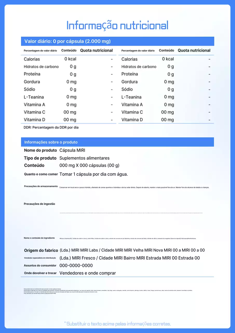 Blue Neat Informação nutricional
