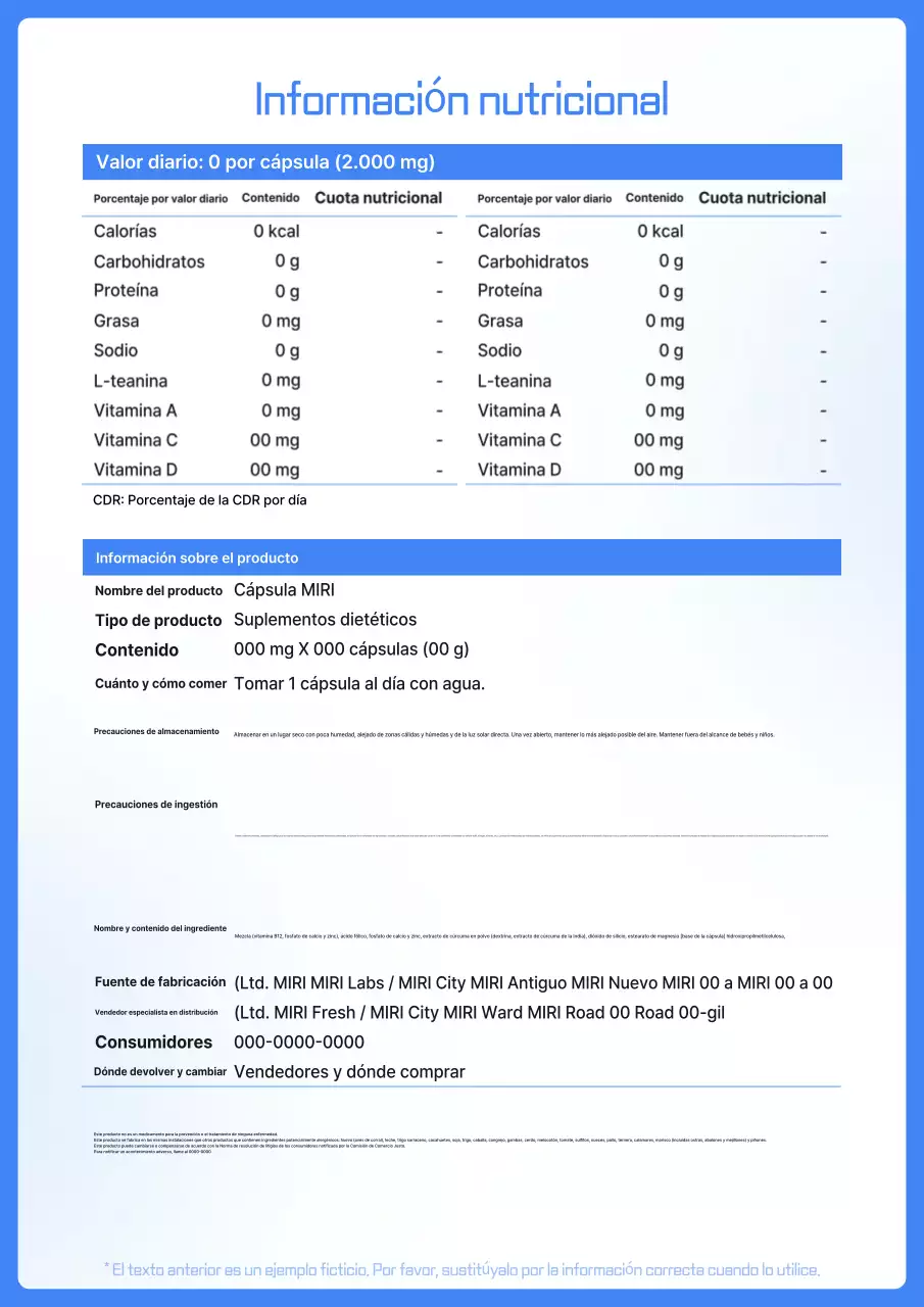 Blue Neat Información nutricional
