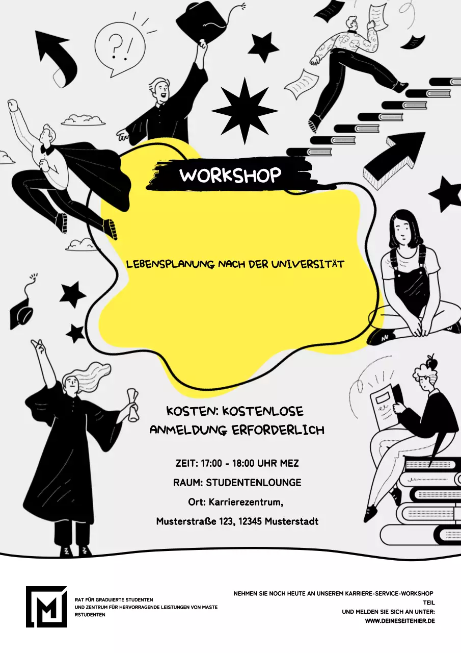 Workshop-Poster für Campus- oder Universitätsveranstaltungen im lustigen, energetischen, handgezeichneten Doodle-Stil