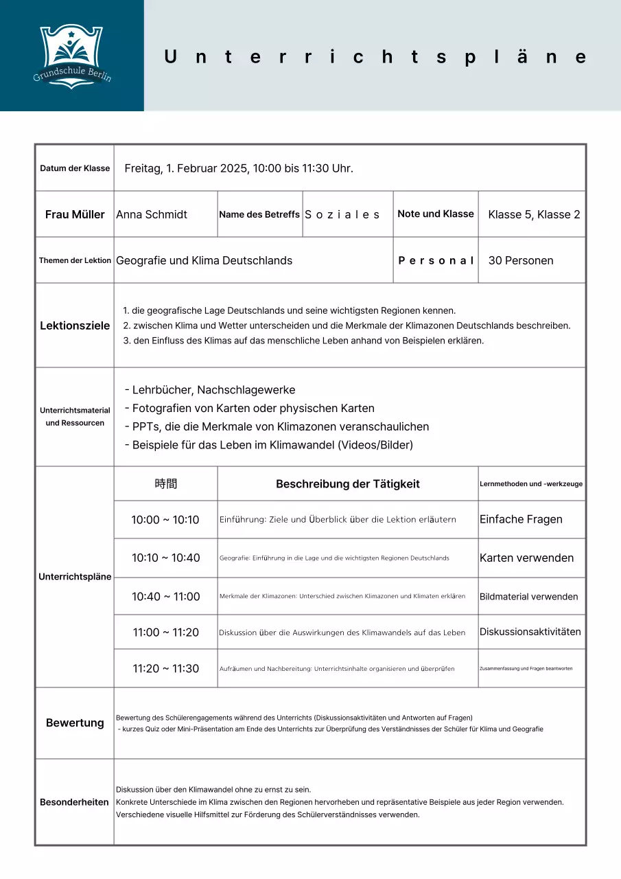 Hellblauer sauberer Unterrichtsplan