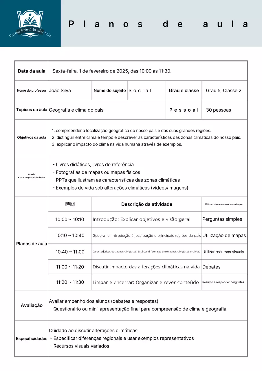 Plano de aula de azul claro e limpo