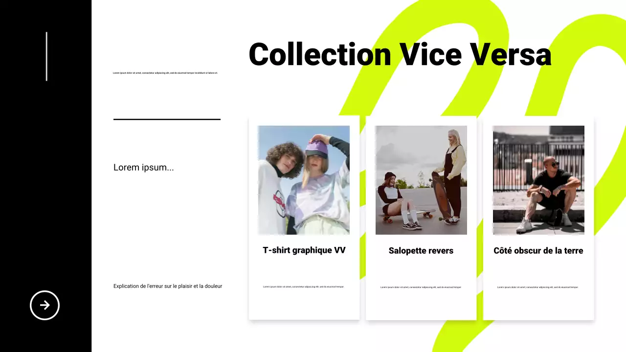 Présentation du catalogue de produits en noir et néon