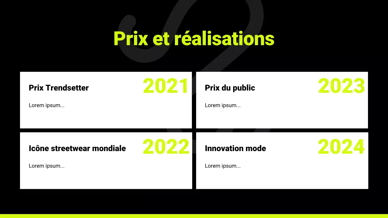 Présentation du catalogue de produits en noir et néon