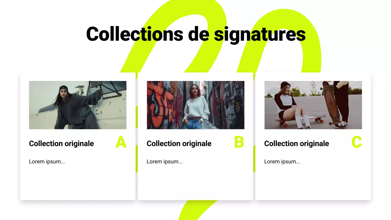 Présentation du catalogue de produits en noir et néon