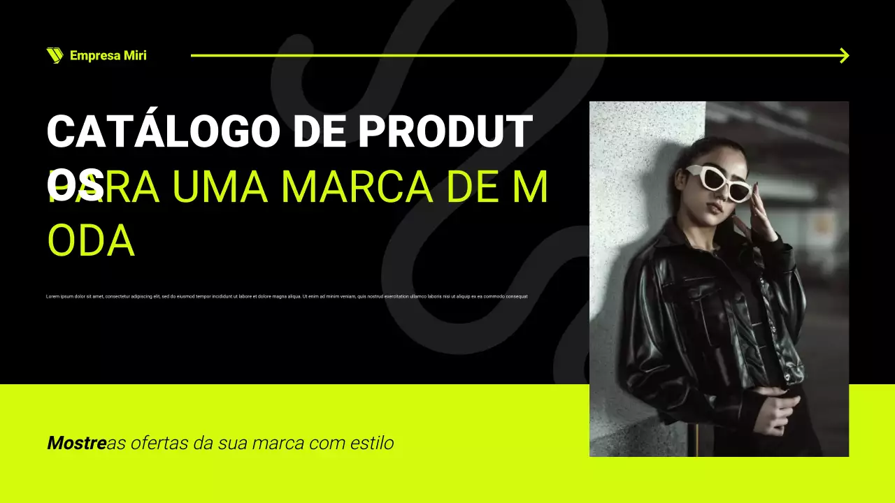 Apresentação do catálogo de produtos em preto e néon