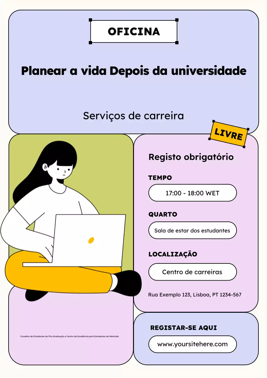 anúncio de workshop sobre a carreira moderna azul